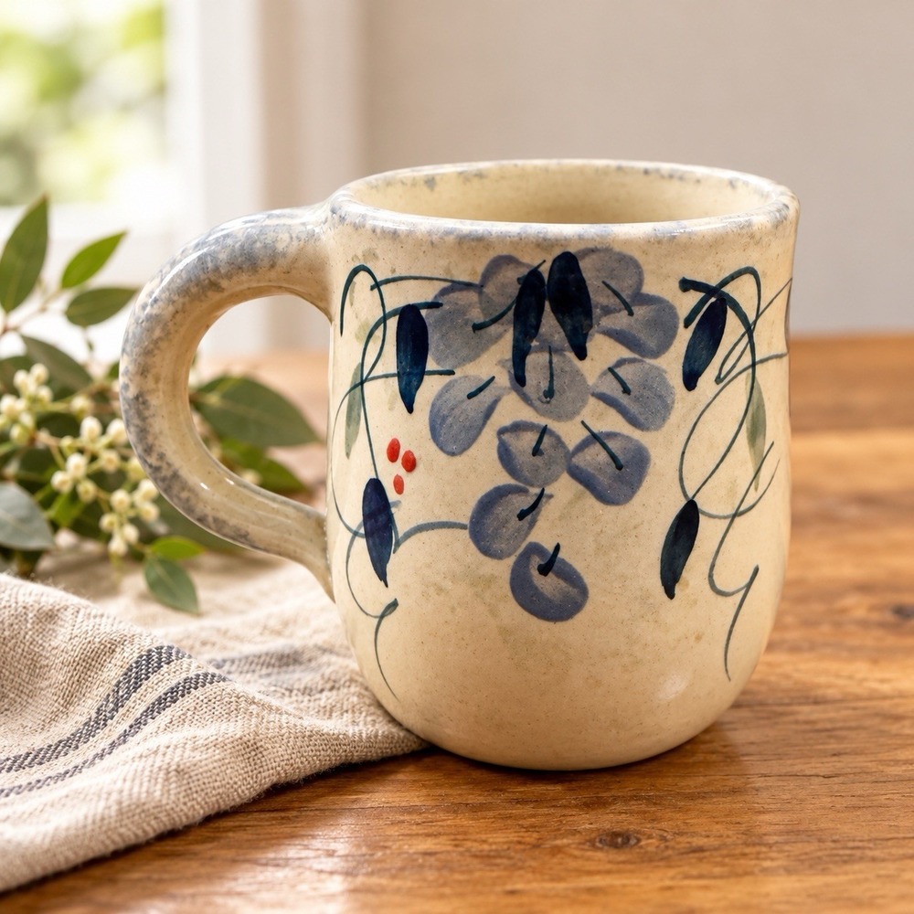 Hand Painted Stoneware Coffee Mug Blue Floral Rustic Art Pottery Signed Cup